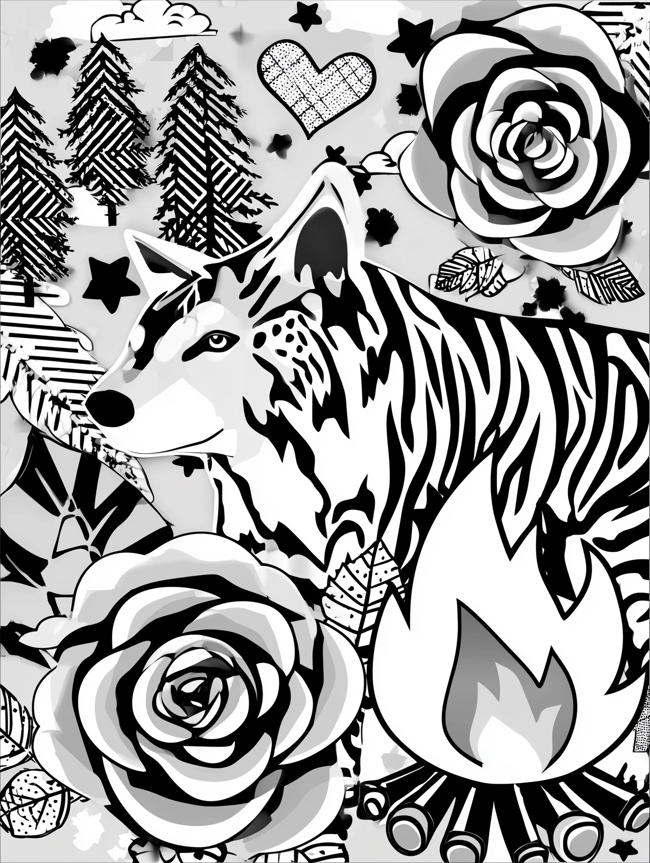 Free printable wolf coloring page for adults featuring a wolf behind a bonfire